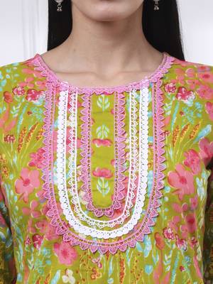 green floral print straight kurta trouser dupatta set 4