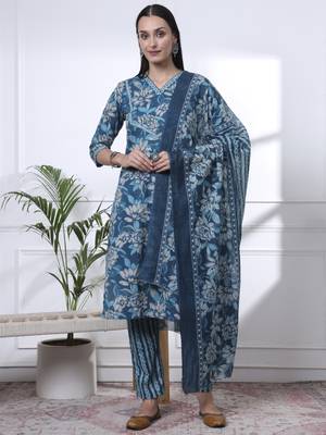 blue pure cotton floral print,kantha work straight kurta pant set 1