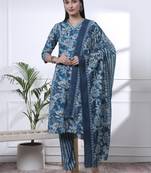 blue pure cotton floral print,kantha work straight kurta pant set