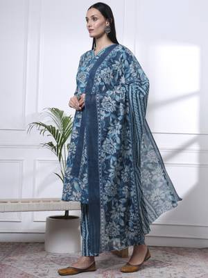 blue pure cotton floral print,kantha work straight kurta pant set 2