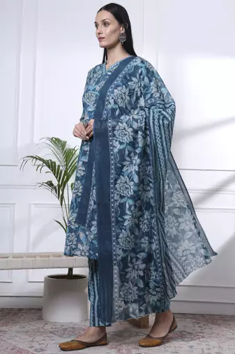 blue pure cotton floral print,kantha work straight kurta pant set