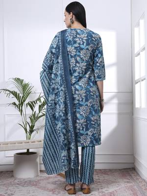 blue pure cotton floral print,kantha work straight kurta pant set 3