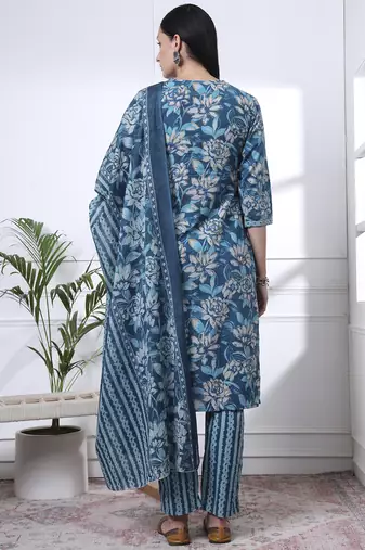 blue pure cotton floral print,kantha work straight kurta pant set
