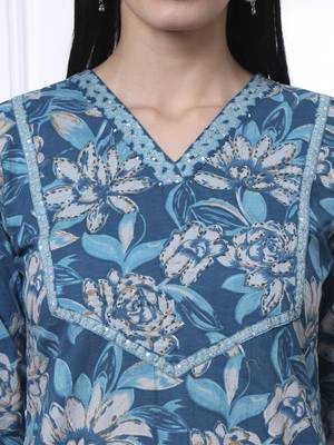 blue pure cotton floral print,kantha work straight kurta pant set 4