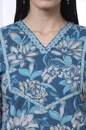 blue pure cotton floral print,kantha work straight kurta pant set