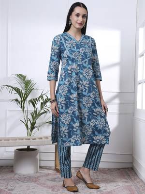 blue pure cotton floral print,kantha work straight kurta pant set 5