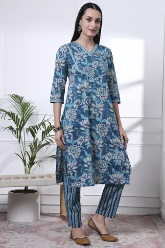 blue pure cotton floral print,kantha work straight kurta pant set