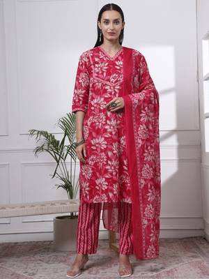 pink pure cotton floral print,kantha work straight kurta pant set 1