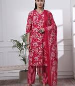 pink pure cotton floral print,kantha work straight kurta pant set