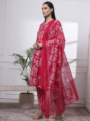 pink pure cotton floral print,kantha work straight kurta pant set 2