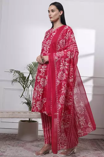 pink pure cotton floral print,kantha work straight kurta pant set