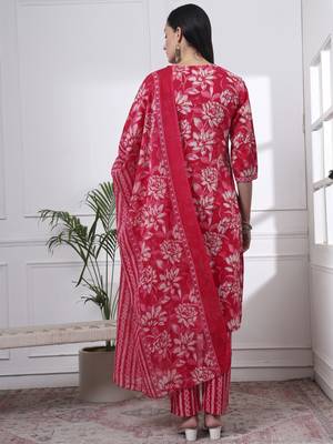 pink pure cotton floral print,kantha work straight kurta pant set 3