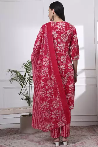 pink pure cotton floral print,kantha work straight kurta pant set