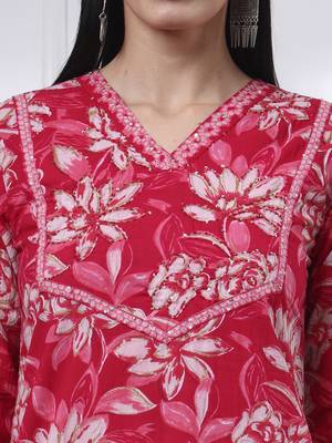pink pure cotton floral print,kantha work straight kurta pant set 4