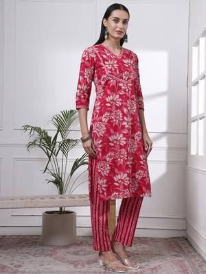 pink pure cotton floral print,kantha work straight kurta pant set 5