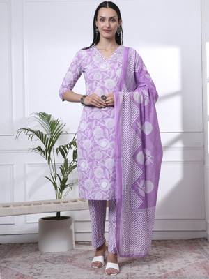 purple pure cotton floral print zari work straight kurta set 1
