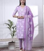 purple pure cotton floral print zari work straight kurta set