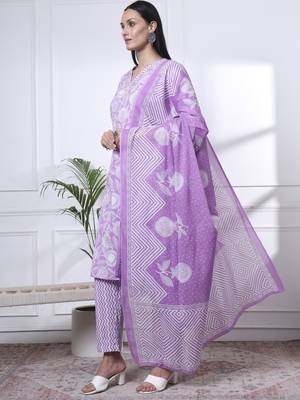 purple pure cotton floral print zari work straight kurta set 2