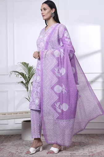 purple pure cotton floral print zari work straight kurta set