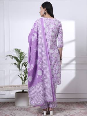 purple pure cotton floral print zari work straight kurta set 3