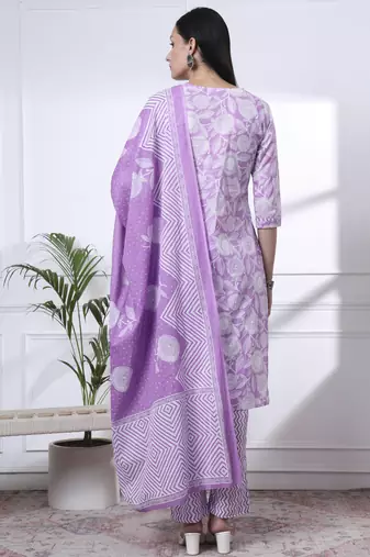 purple pure cotton floral print zari work straight kurta set