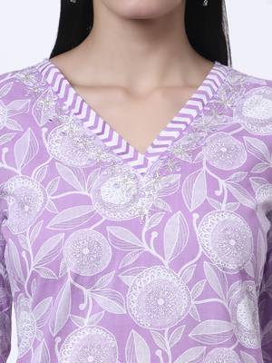 purple pure cotton floral print zari work straight kurta set 4