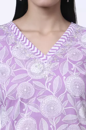 purple pure cotton floral print zari work straight kurta set