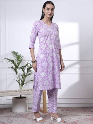 purple pure cotton floral print zari work straight kurta set 5
