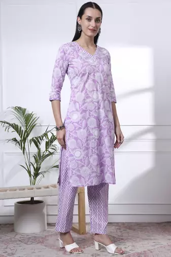 purple pure cotton floral print zari work straight kurta set