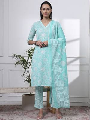 sea green pure cotton floral print zari work straight kurta set 1