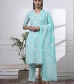 sea green pure cotton floral print zari work straight kurta set