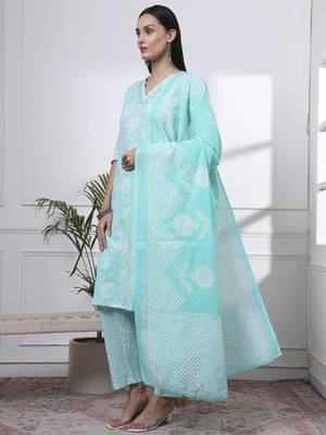 sea green pure cotton floral print zari work straight kurta set 2