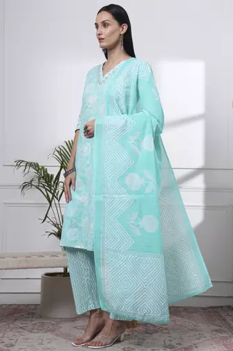 sea green pure cotton floral print zari work straight kurta set