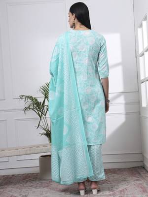 sea green pure cotton floral print zari work straight kurta set 3