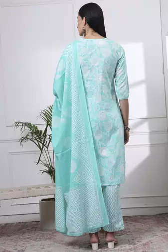 sea green pure cotton floral print zari work straight kurta set