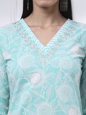 sea green pure cotton floral print zari work straight kurta set 4