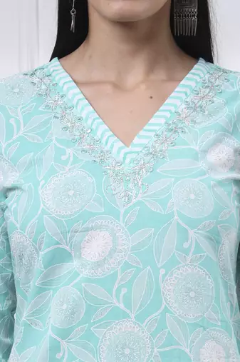 sea green pure cotton floral print zari work straight kurta set