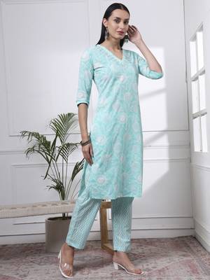 sea green pure cotton floral print zari work straight kurta set 5