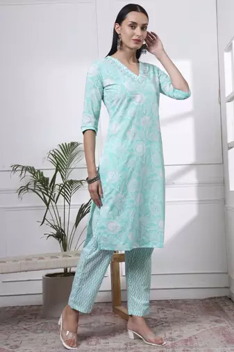 sea green pure cotton floral print zari work straight kurta set