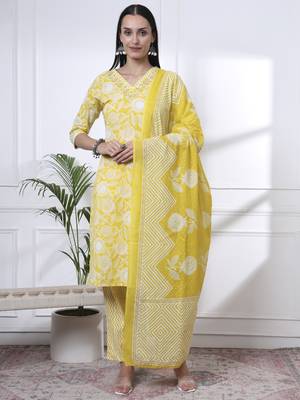 yellow pure cotton floral print zari work straight kurta set 1
