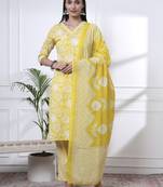 yellow pure cotton floral print zari work straight kurta set