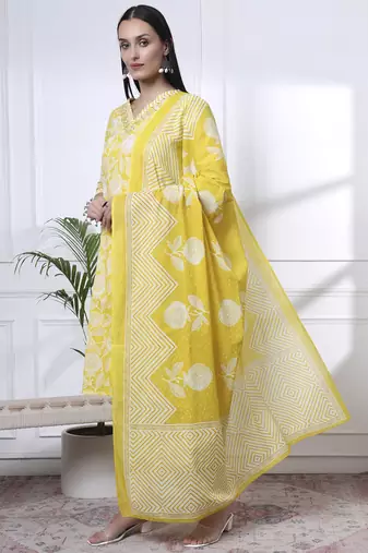 yellow pure cotton floral print zari work straight kurta set