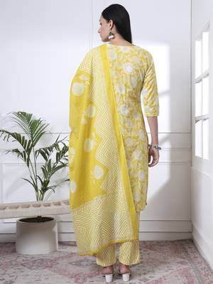 yellow pure cotton floral print zari work straight kurta set 3