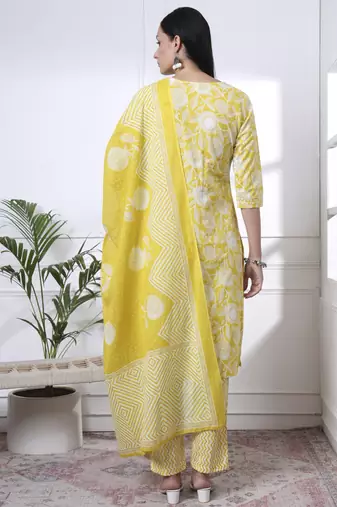 yellow pure cotton floral print zari work straight kurta set