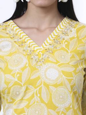 yellow pure cotton floral print zari work straight kurta set 4