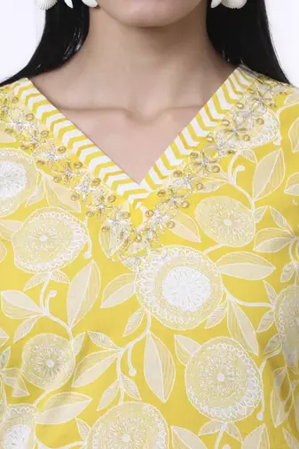 yellow pure cotton floral print zari work straight kurta set