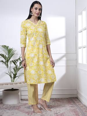 yellow pure cotton floral print zari work straight kurta set 5