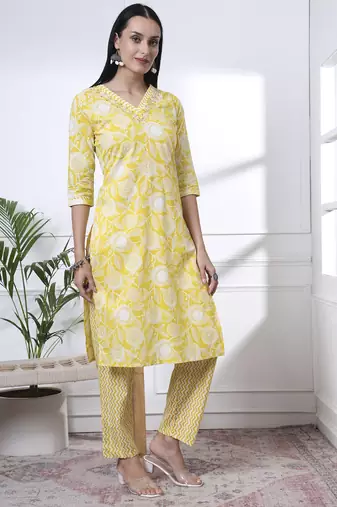 yellow pure cotton floral print zari work straight kurta set