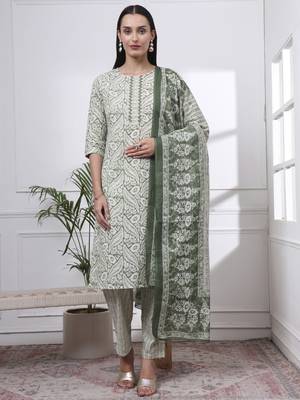 green pure cotton ethnic motifs straight kurta trouser dupatta set 1