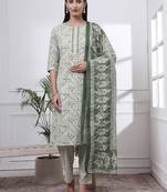 green pure cotton ethnic motifs straight kurta trouser dupatta set